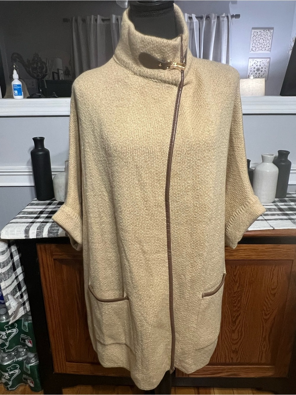 LC Lauren Conrad Women’s Cream Knit Funnel Neck Poncho Wrap Sweater NWT